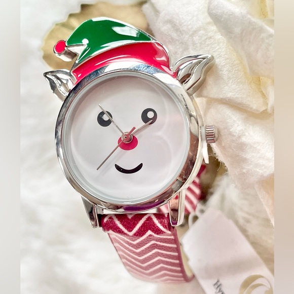 New with tags FESTIVE RED & WHITE STRIPED CAT WATCH with Green. No numbers. - Picture 2 of 5